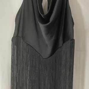 Zara Black Satin +  Fringe Scoop Neck Strappy Open Back Top Blouse - S